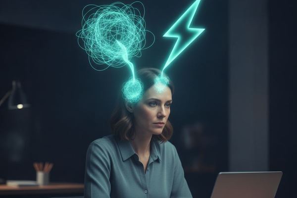Illustration of a woman at a desk with glowing lines of thought above her head