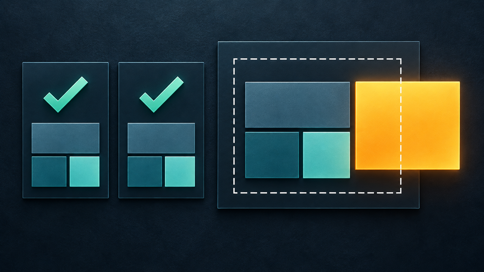 Two matching AI recommendations sit beside a bounded review where an amber scope block crosses the decision boundary.