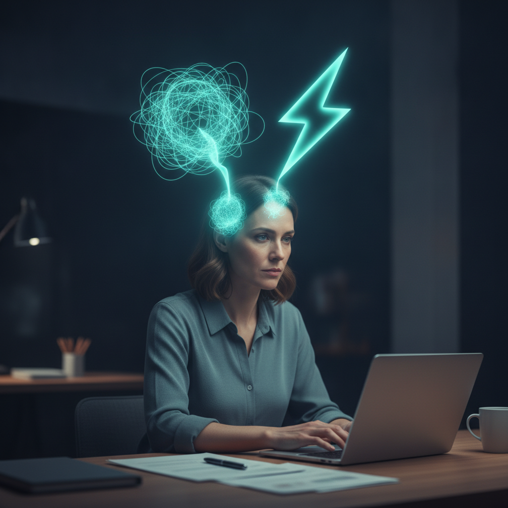 Woman at a laptop with glowing teal energy from her head splitting into a tangled scribble on one side and a sharp lightning bolt on the