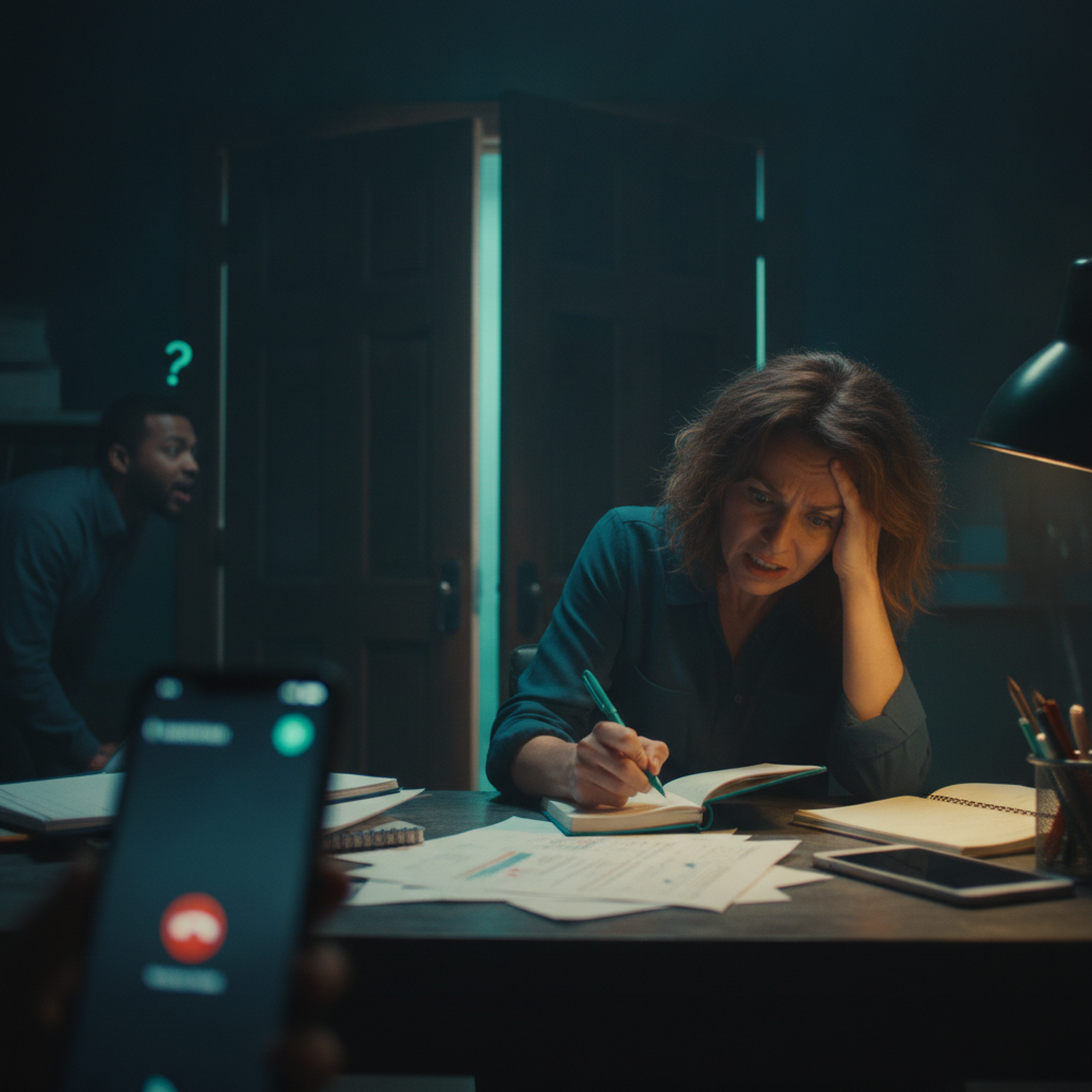 A stressed woman at a cluttered desk writes in a notebook while a phone rings and a coworker appears in the doorway with a question.
