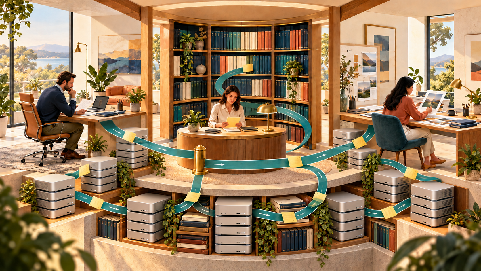 Conceptual illustration of a human team and many stacked, unbranded desktop computers connected by teal workflow paths through human review and a shared knowledge library.
