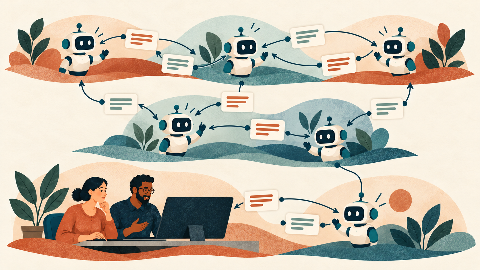Autonomous AI agents exchange messages across two agent-only lanes, with a separate branch connecting two human collaborators.