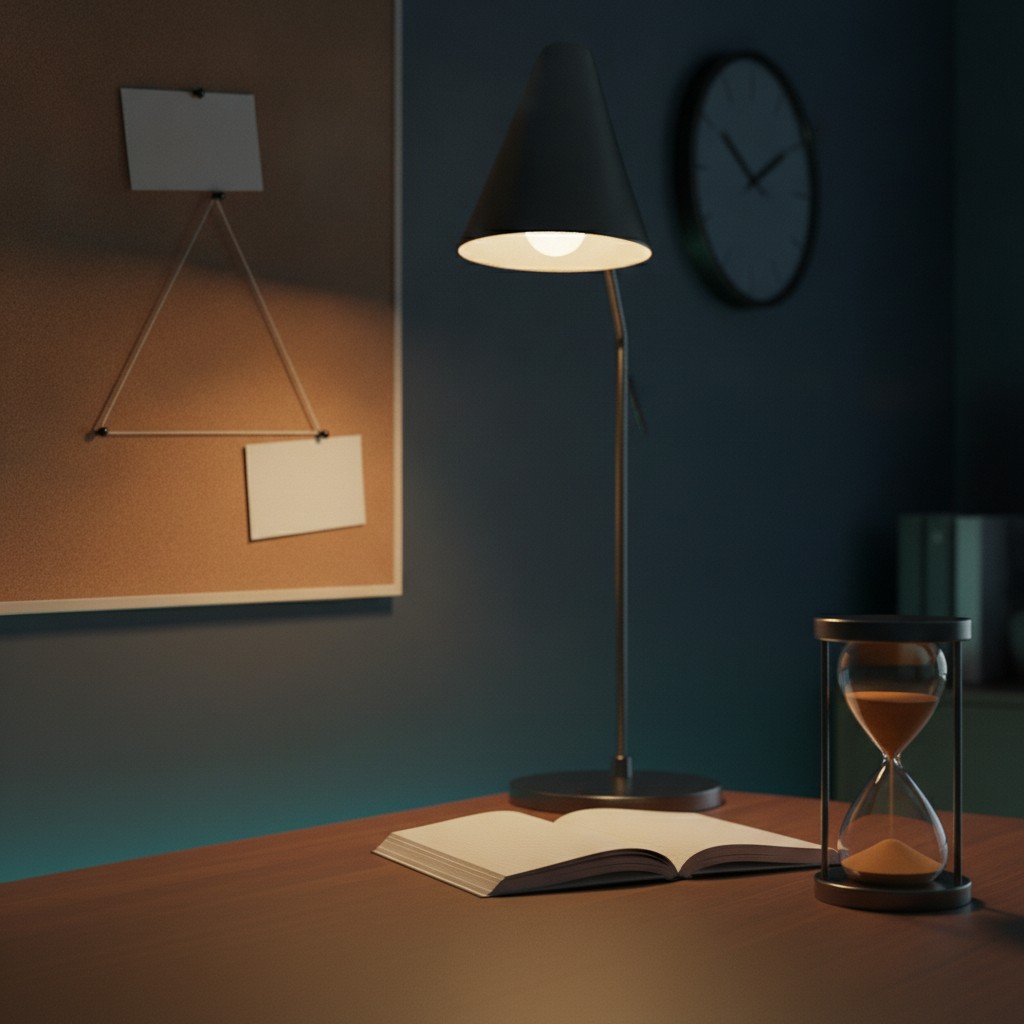 A quiet nighttime desk holds an open notebook under a warm lamp, a corkboard with a few index cards linked by string, an hourglass mid-run, and an analog clock on the wall behind -- a workspace where visible structure does the remembering.