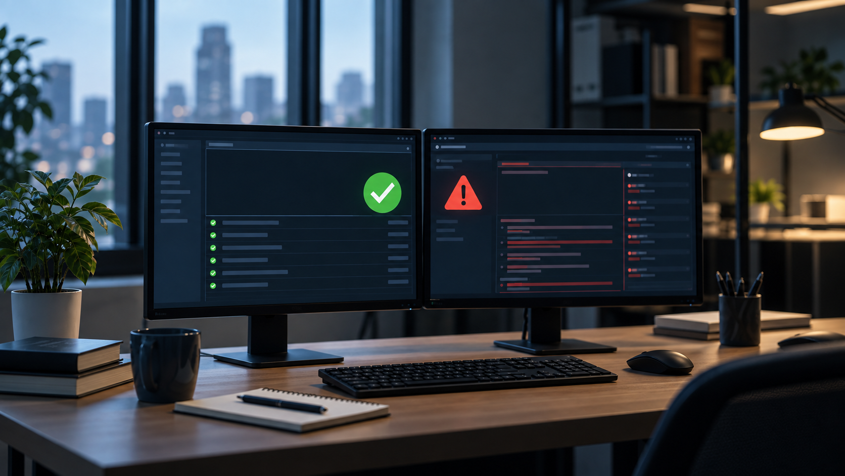Two monitors show a green test result beside a separate unresolved defect trace.