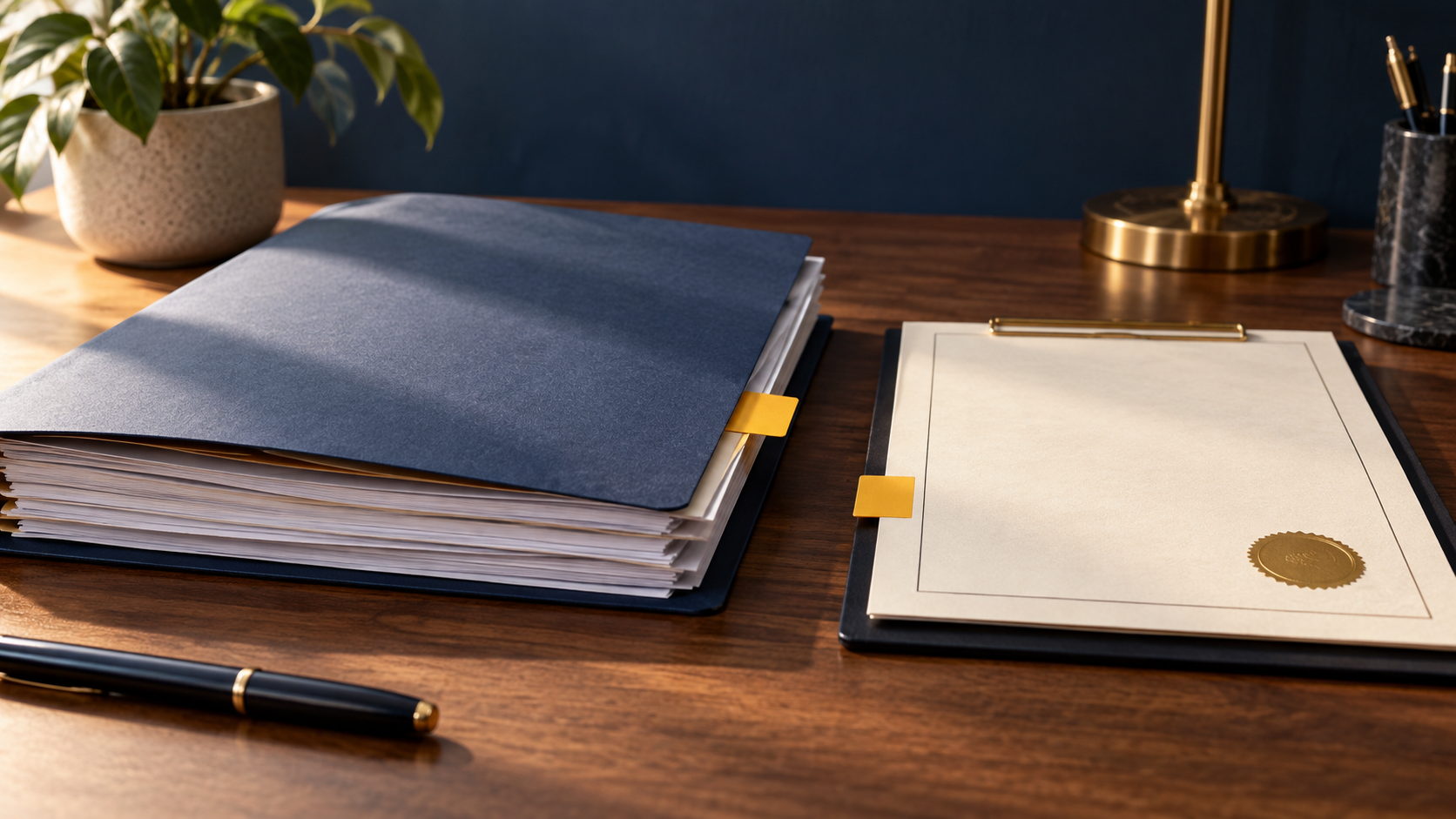 A completed change folder sits beside a separate authorization record linked by matching amber tabs.