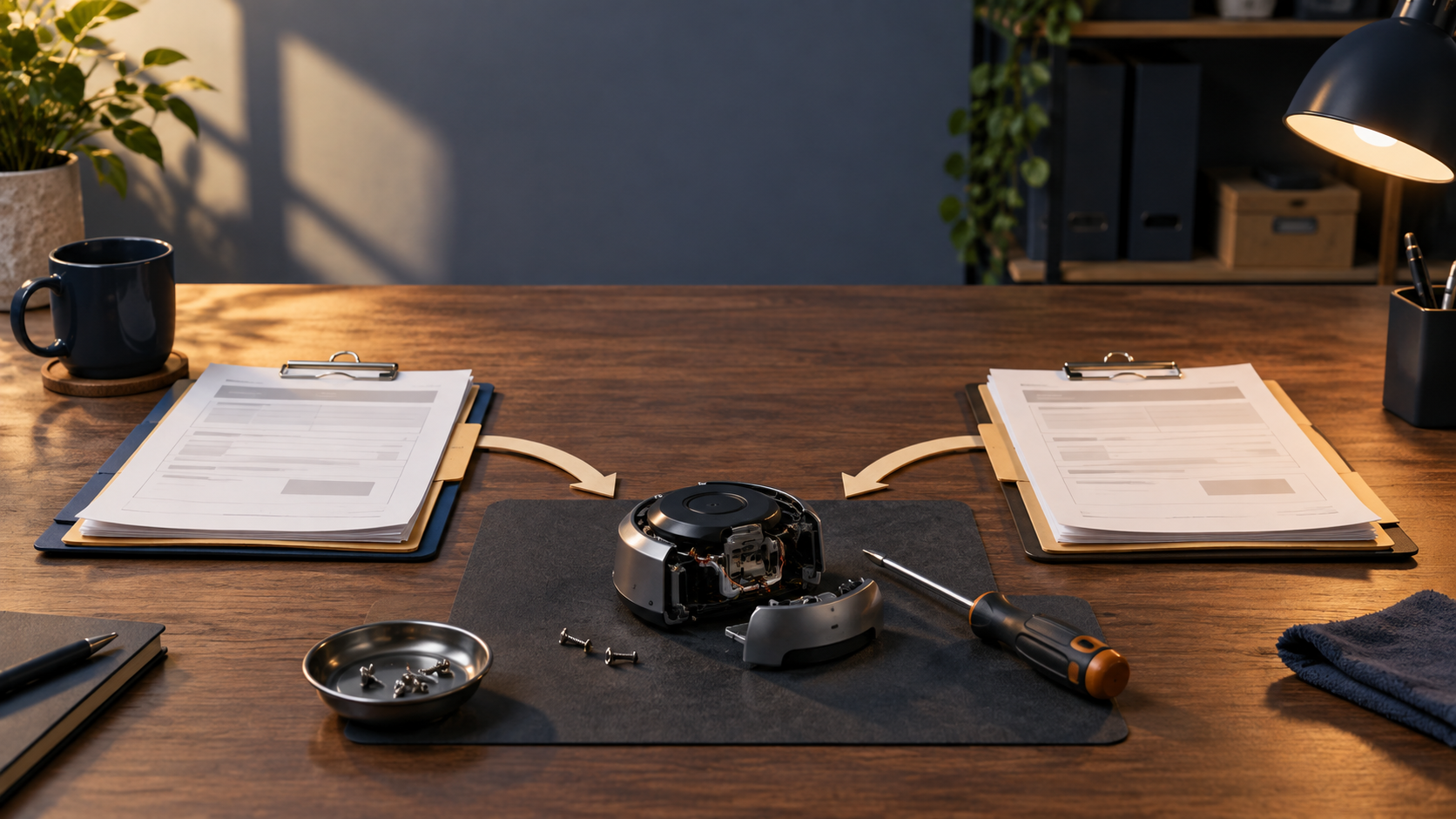 Two separate work orders point toward one disassembled repair device on a desk.