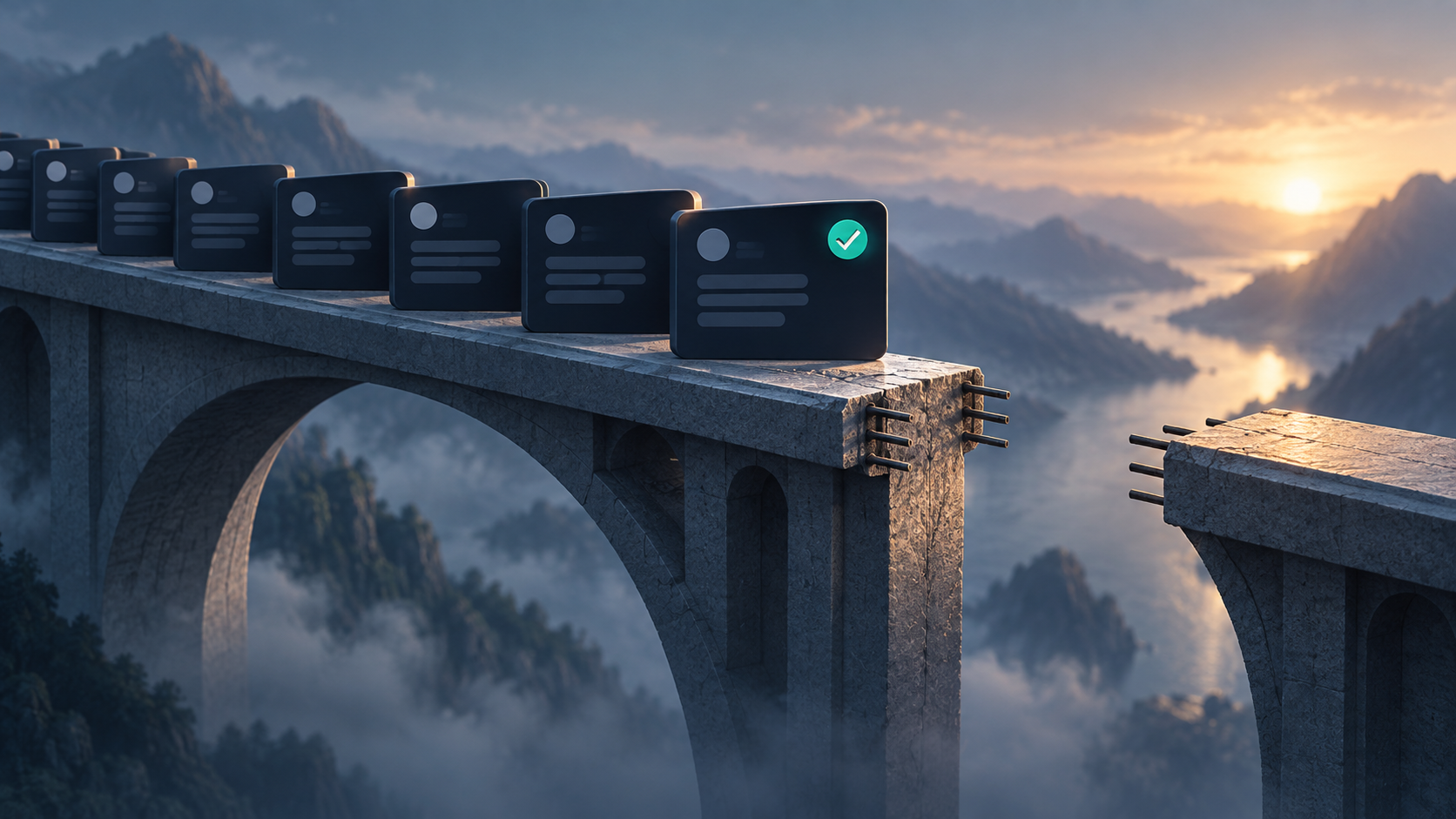 Task cards queue behind a checked ticket at a gap in a bridge, illustrating a Ready label that hides a blocker.