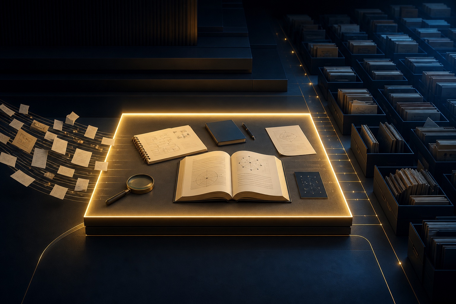 A finite illuminated workbench holds a few active documents while older notes flow into an organized archive beyond its boundary.