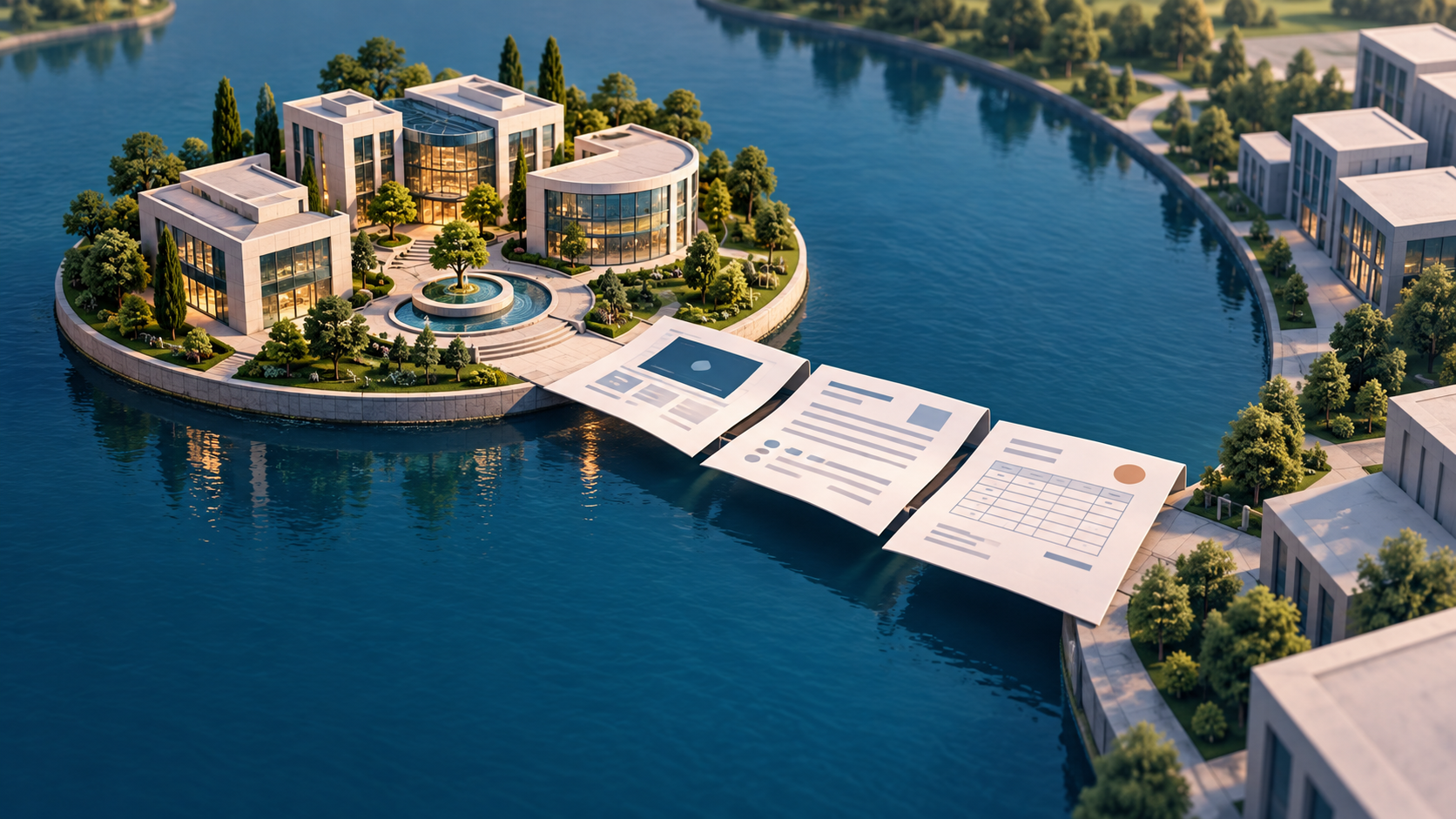 Business documents form a bridge across a water moat between two office campuses, illustrating how disclosures can help a competitor.