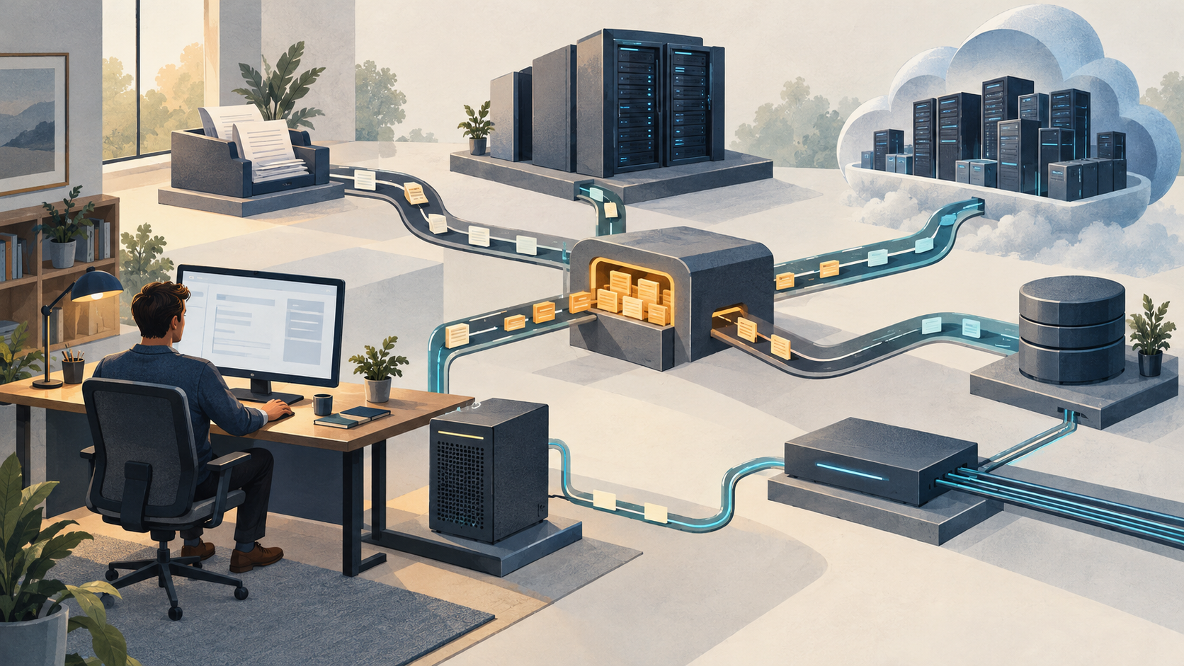 Conceptual illustration of a person at a workstation connected to local and cloud servers, document processing and storage, with work queued at a shared junction.