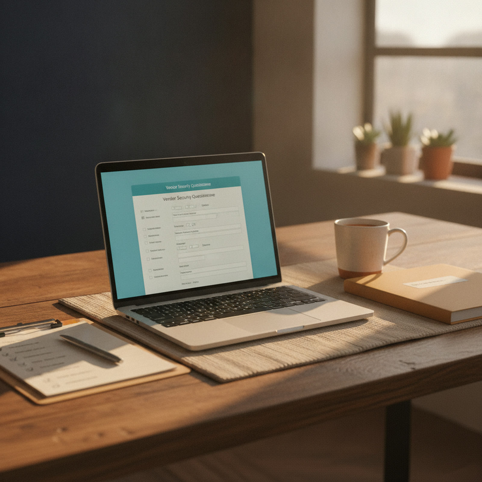 A small business owner's desk with a short printed checklist, a laptop showing a vendor security questionnaire, and a single folder labelled for the written security program -- the paperwork an audit actually asks for.